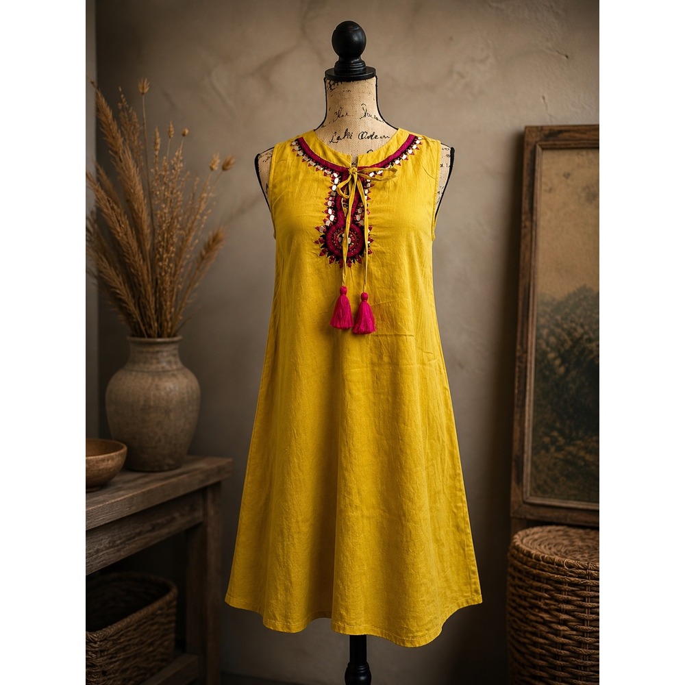 THML Mustard Yellow Embroidered Tassel Dress Boho Sleeveless Shift Size XS